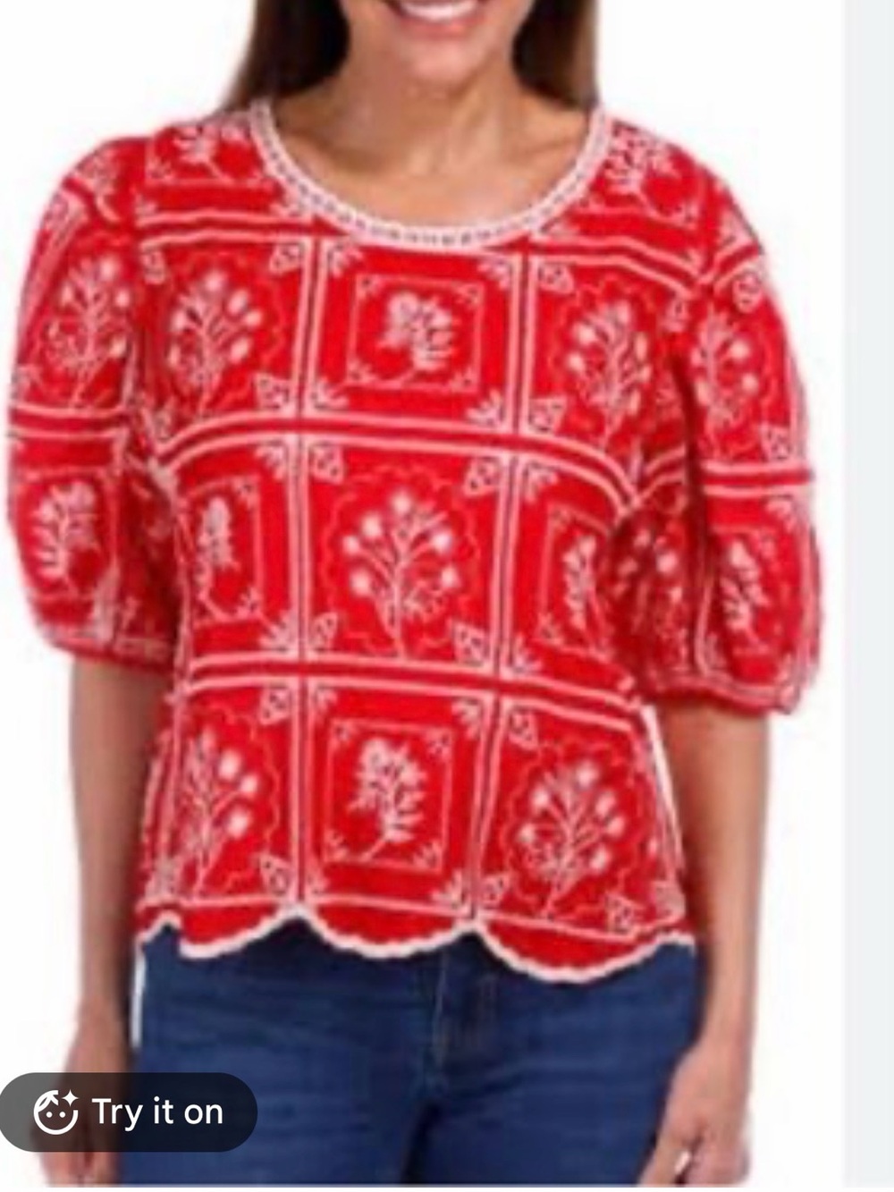 Women’s Red Floral Square-Print Peasant Top